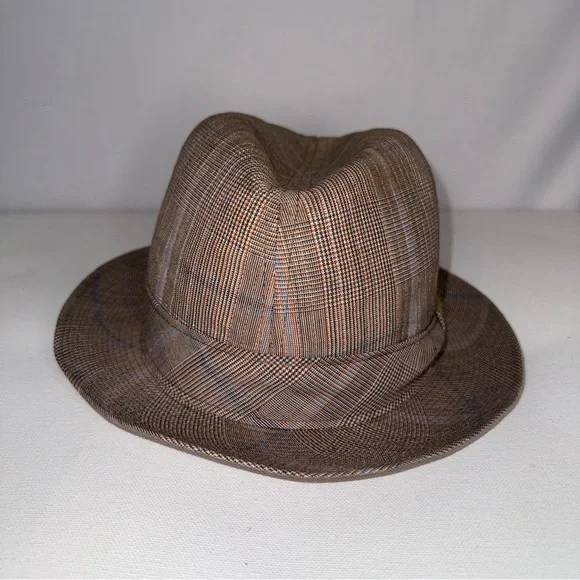 Vintage Stetson Beige‎ Plaid Fedora Hat with Feather Accent